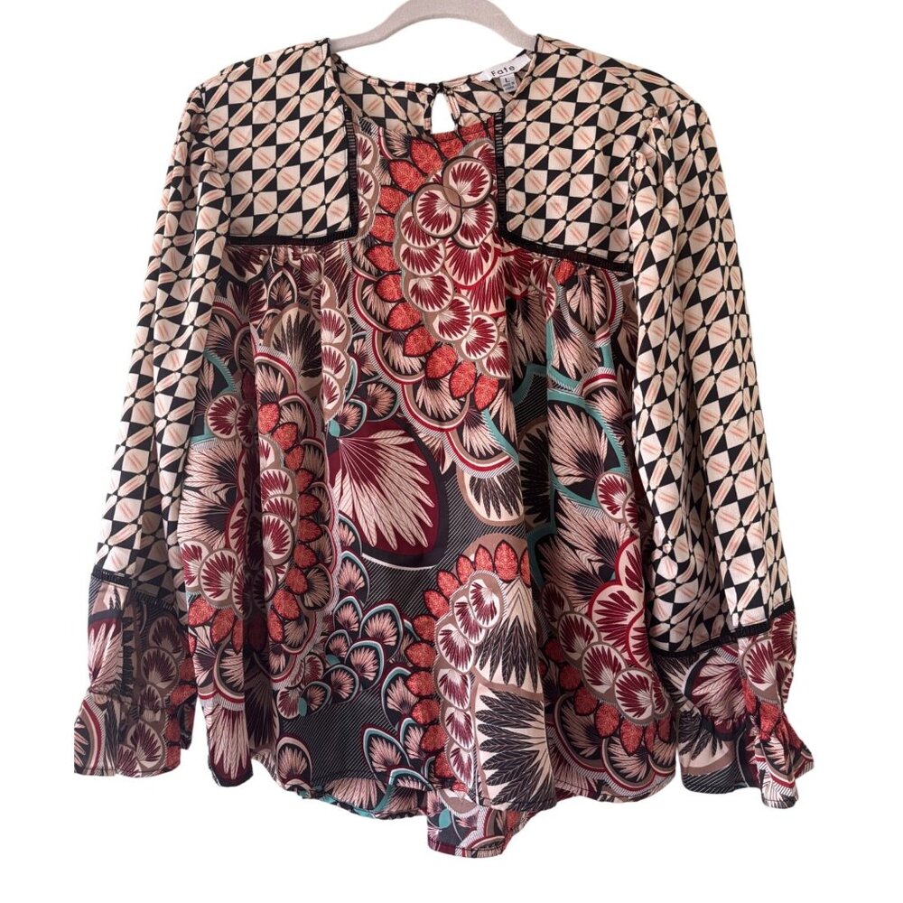 Fate Womens Boho Mix Media Balloon Sleeve Silky Blouse Size L - Picture 1 of 13